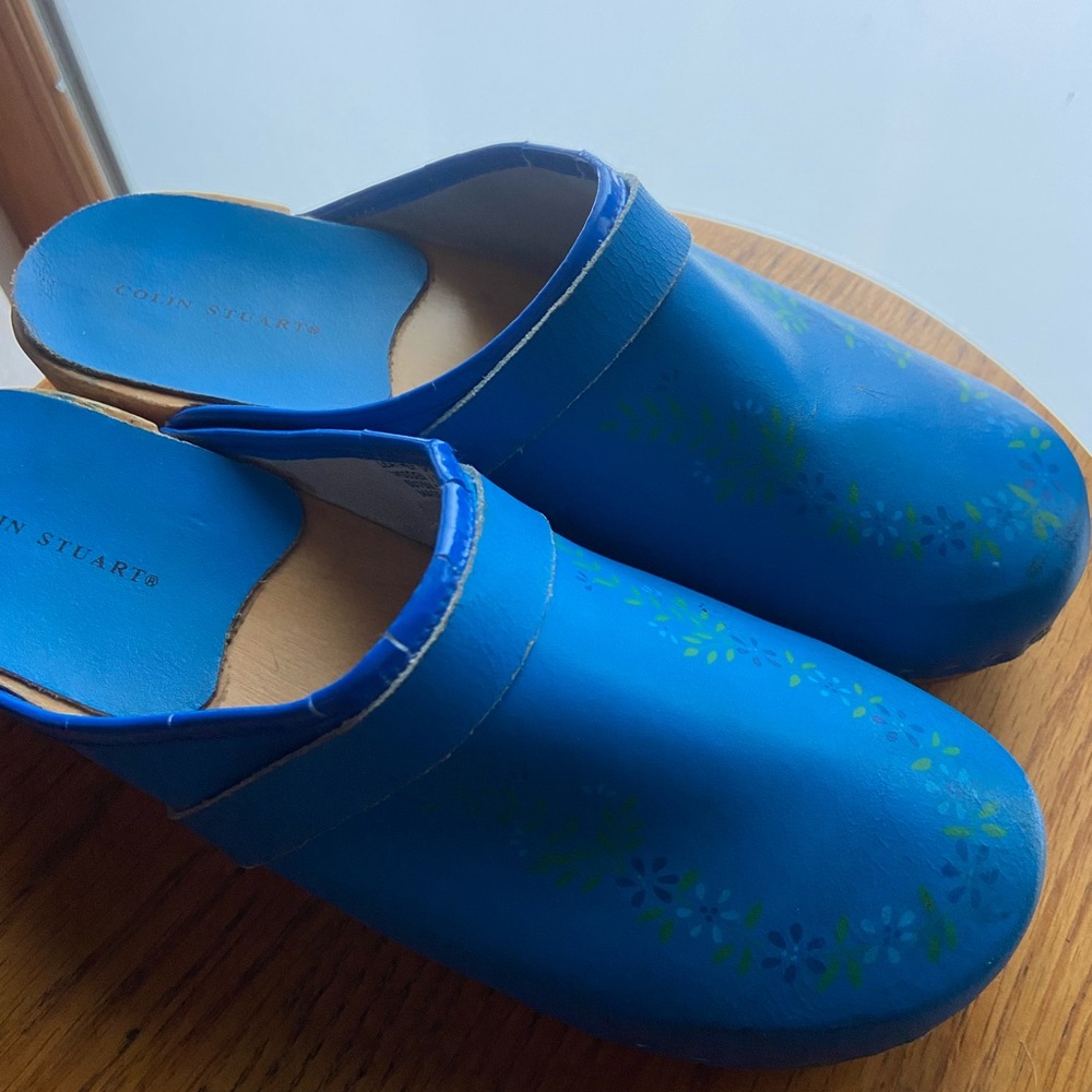 Bright Blue Colin Stuart Leather Clogs with Floral Detail